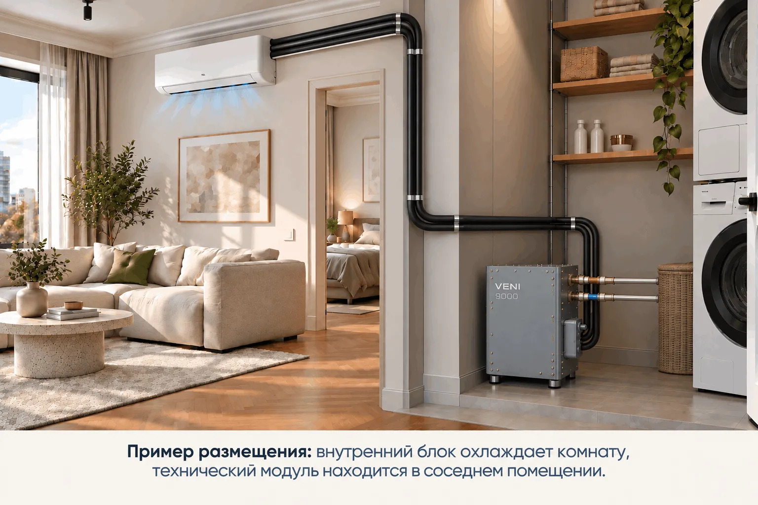 Размещение внутреннего блока кондиционера и технического модуля VENI внутри квартиры