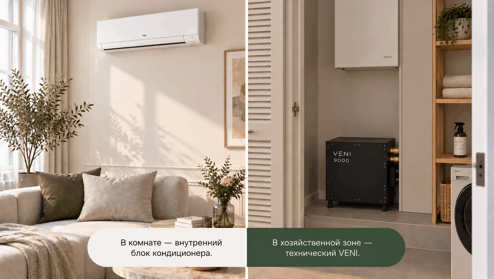 Внутренний блок кондиционера и технический блок VENI в разных зонах квартиры