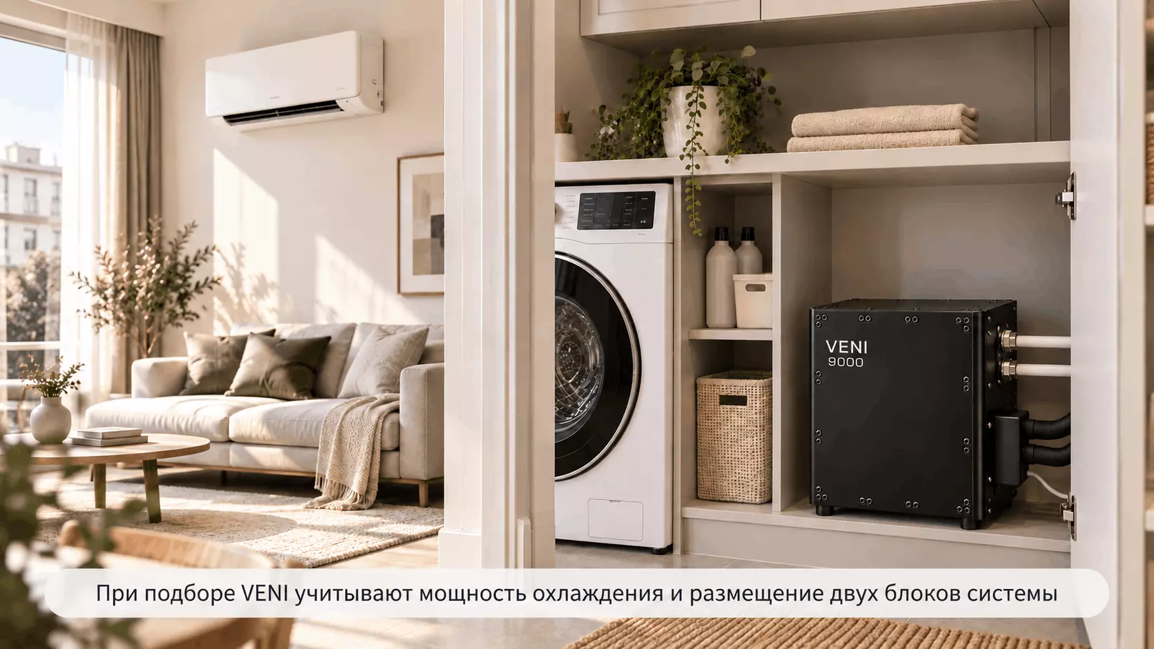 Внутренний блок кондиционера и технический модуль VENI в соседних помещениях
